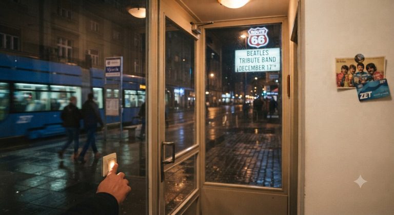 Ruka pritišće prekidač za svjetlo postavljen s vanjske strane ulaznih vrata stambene zgrade u Zagrebu. Kroz staklena vrata vidi se večernja kišna ulica i plavi tramvaj.