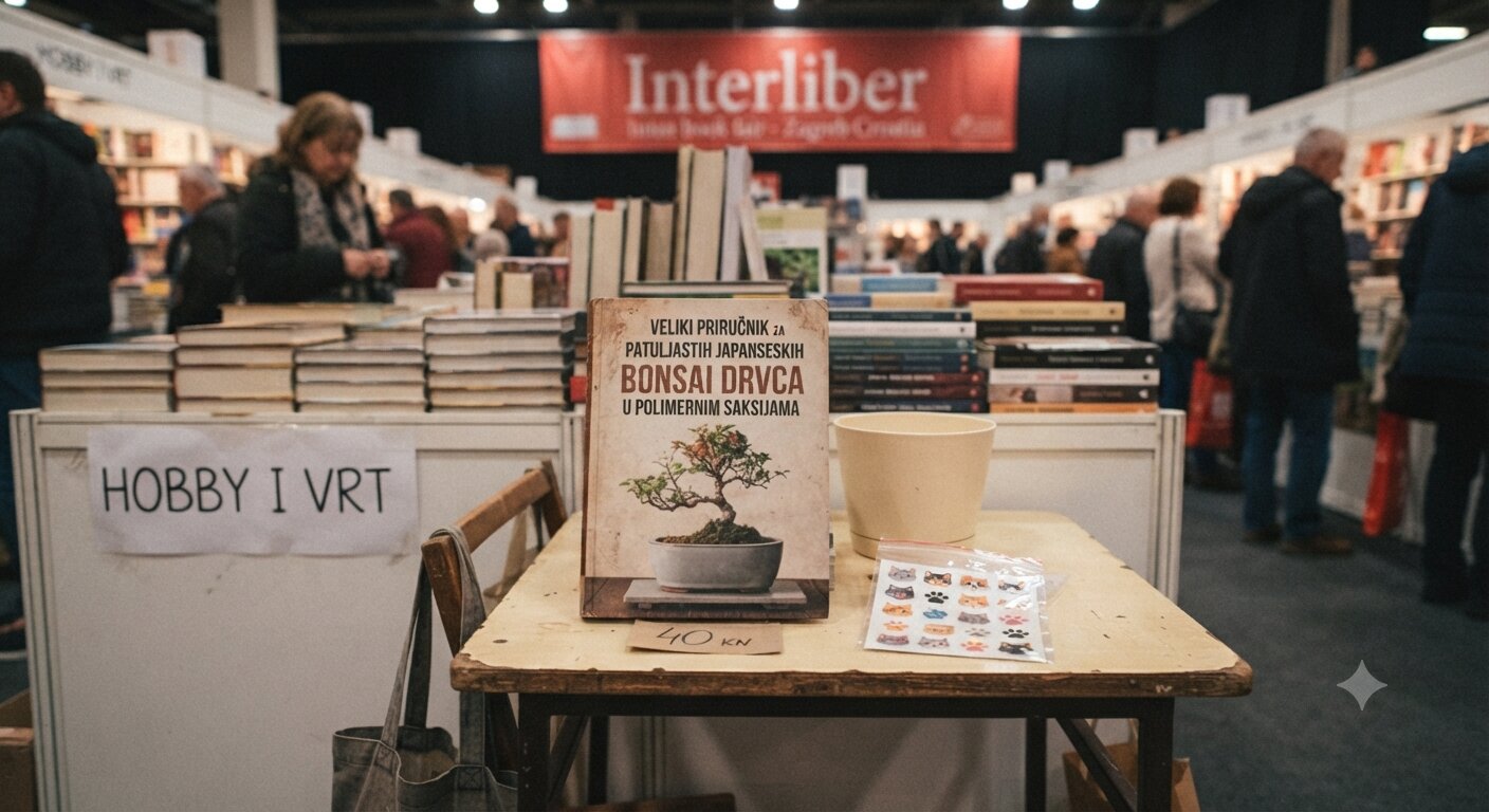 Knjiga o uzgoju bonsai drvca u polimernoj saksiji i paketić naljepnica s mačkama izloženi na malom štandu u paviljonu Zagrebačkog velesajma tijekom Interlibera.