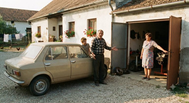 Zbunjeni otac i sin pored Zastave 101 u dvorištu ispred garaže s motorom, dok iznenađena žena stoji na vratima. Prikaz nesporazuma oko nabavke krumpira.