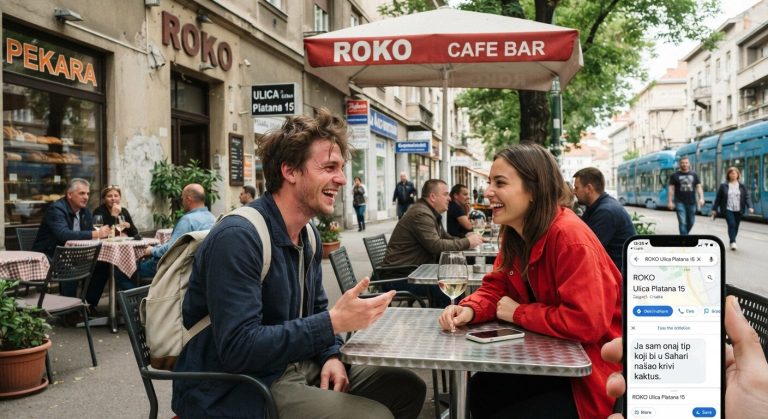 Par se smije na terasi kafića Roko u Zagrebu nakon što je muškarac ušao na krivu lokaciju prema Google Maps uputama.