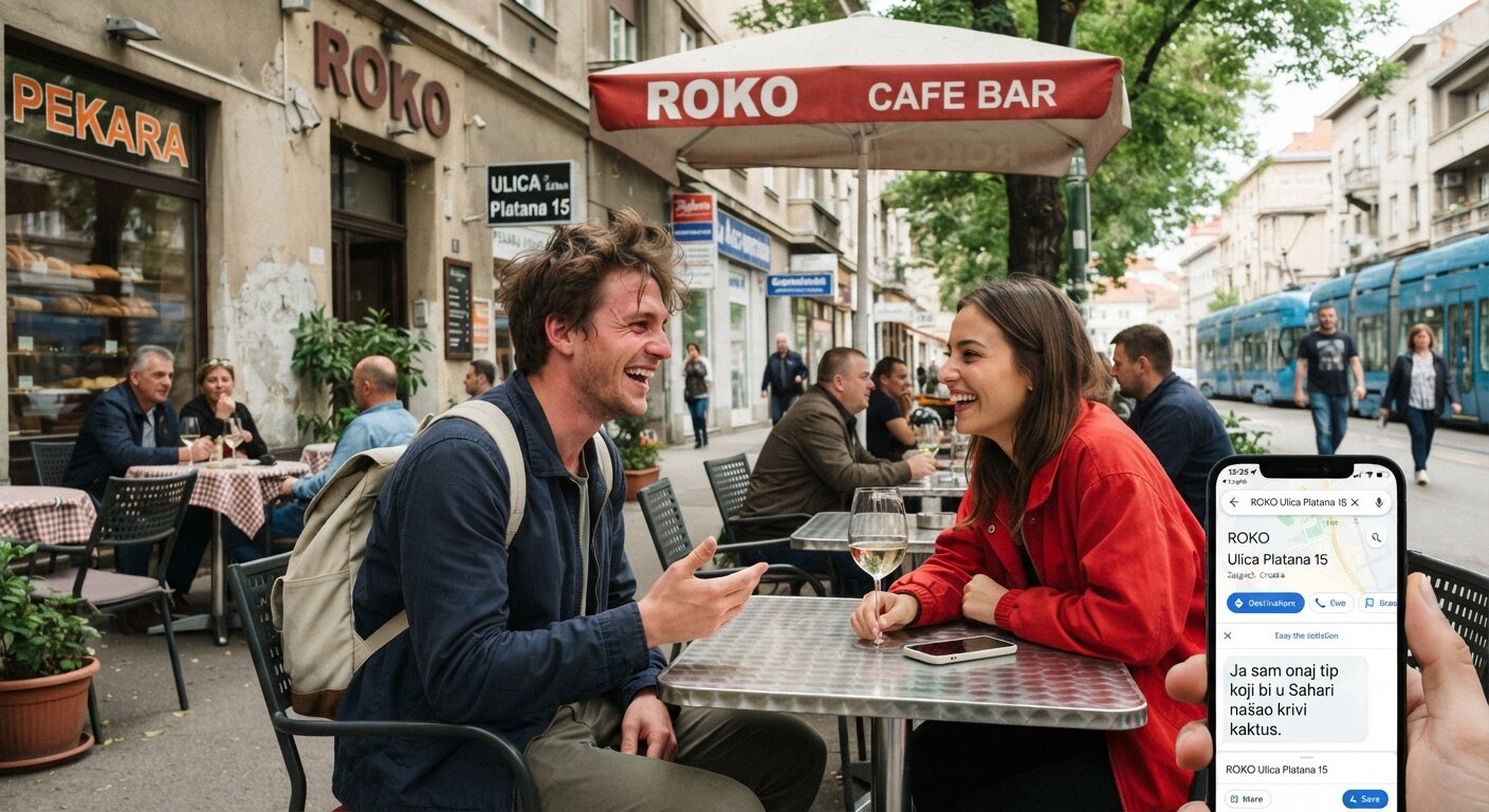 Par se smije na terasi kafića Roko u Zagrebu nakon što je muškarac ušao na krivu lokaciju prema Google Maps uputama.